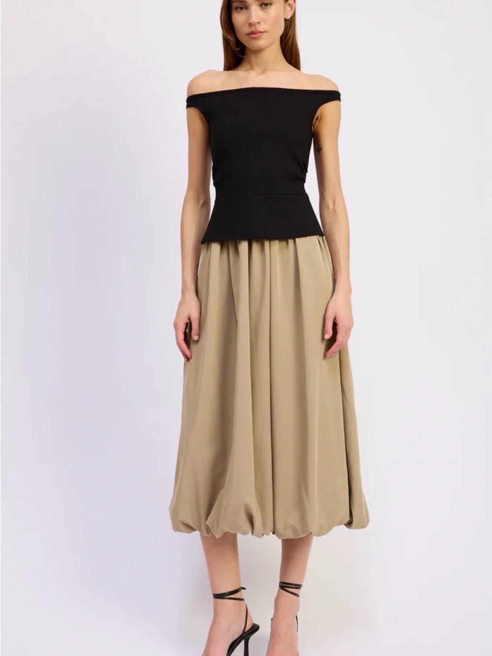 En Saison Beige Bubble-Hem Midi Skirt